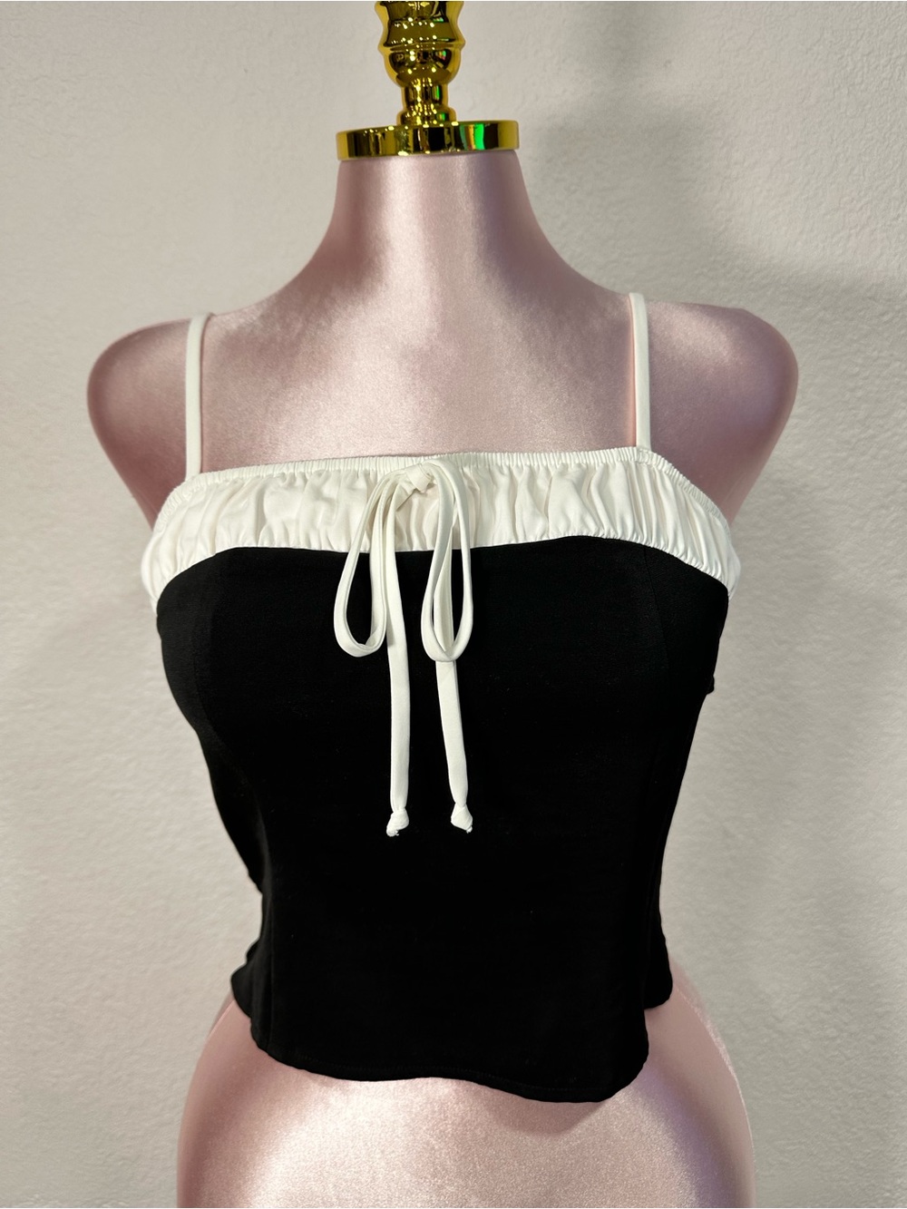 Sienna Sky Black and White Ruched Trim Spaghetti Strap Camisole